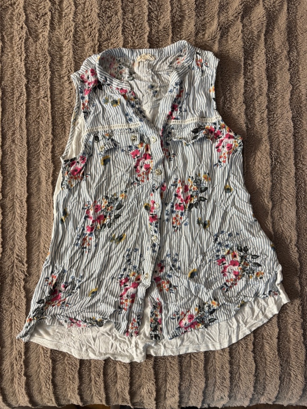 EMBER Sleeveless Striped Floral Button-Front Tanktop